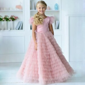 Customized Flower Girl Dress Pink Satin Tulle Puffy Tiered With Bow Sleeveless For Wedding Birthday Banquet Holy Communion Gown