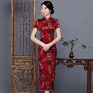 Spring and Summer New High Quality Real Silk Printing Modified Long Type plus Size Cheongsam Qipao Ladies Dress