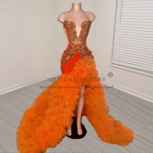 Sparkly Crystals Beading Mermaid Prom Dresses Side Split Ruffles Evening Gown Customized O Neck Bride Birthday Formal Clothing