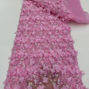 Pink 3D Lace Fabric 2024 White Nigerian Lace Fabric 2025 High Quality Luxury Beaded Lace African Fabrics 5 Yards Evening A140-1
