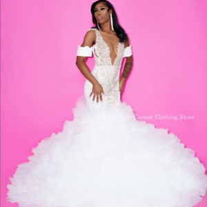 Elegant Mermaid Lace Wedding Dress Custom White V Neck Diamante Applique Black Girls Bridal Customised Long Hochzeitspartykleid