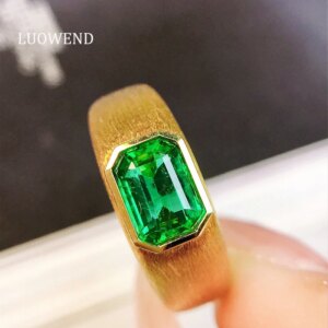 LUOWEND 100% 18K Yellow Gold Rings Vintage Elegant Style 1.11carat Real Natural Emerald Ring for Women High Party Jewelry