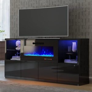 Modern Fireplace TV Stand 68 inch Entertainment Center with LED Lights Adjustable Brightness Remote Control TVs up to 78 inch