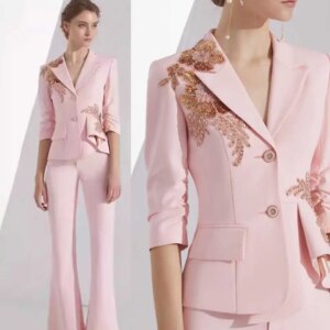 Customized Pink Spring Women Pants Sets Designer Beads Appliques Ladies Prom Birthday Party Formal Wear Outfit Jacket 2 Pieces