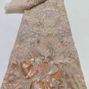 2025 New African French Nigerian High End Lace Fabric With Beads Sequins Mesh for Embroidery Wedding Party Bride Sewing Dress