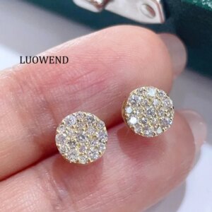 LUOWEND 100% 18K White/Yellow Gold Earrings Shiny Round Design 0.36carat Real Natural Diamond Stud Earrings for Women Wedding