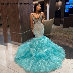 EVLAST Customized African Sage Green Ruffles Prom Dress Crystal Beads Mermaid Party Gown Black Girls Vestidos De Festa E3P117
