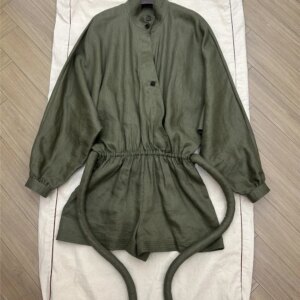Spring Summer Woman Tie Linen Jumpsuit Shorts Stand-Up Collar Batwing Sleeve Long-Sleeved Overalls Bodysuits Fashion Casual