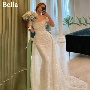 Bella White Glitter Prom Dresses Shiny Sequins Mermaid Wedding Dress Customized Long Train Off Shoulder Vestidos De Fiesta 2024