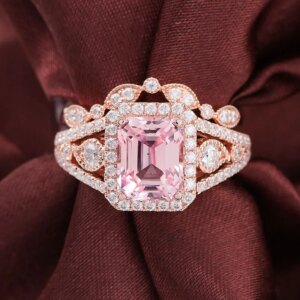 Provence 18K/14K/10K Solid Gold Emerald Cut Lab Grown Pink Sapphire With DEF VVS Round Moissanite Bridal Ring Set Customize Gift