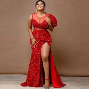 African Red Sequined Mermaid Prom Dresses Aso Ebi Style Side Split Evening Formal Gowns Sheer Neck Vestidos De Festa Robe Soiree