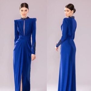 Customized Sequined Ruched A-line High Collar Long Dresses Evening Dresses Simple Retro Fashion Elegant Exquisite Intricate