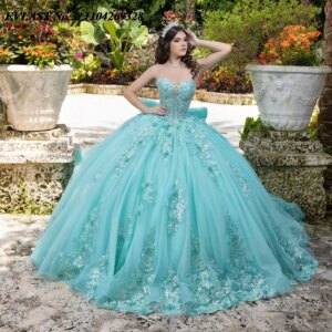 EVLAST Customized Mexican Mint Quinceanera Dress Ball Gown Floral Applique Beading Corset Sweet 16 Vestido De 15 Anos E3Q237