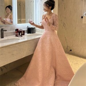 ROYET Applique Square Neck Sweep Train Long Sleeve A Line Evening Dress Floor Length Long Ball Prom Gown For Woman Customized