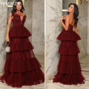 Customized YPMWZX Strapless A-line Floor length Skirts Draped Layered Sleeveless Flouncing Bespoke Occasion Dresses