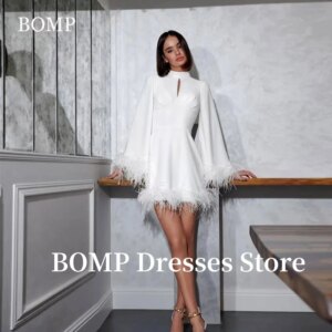 BOMP Elegant Ostrich Feathers Flare Sleeveless Prom Dresses Mini Evening Dress Party Gowns Saudi Arabia Customized