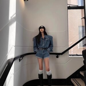 WARDEN EDGE Blue Denim Jumpsuit Women Vintage High Waist Romper Autumn Loose Fit Wide Leg Slim Playsuit Casual Streetwear