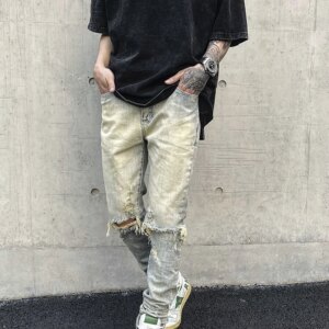 High Street Washed and Worn Ripped Jeans Hip Hop Retro Trousers Men