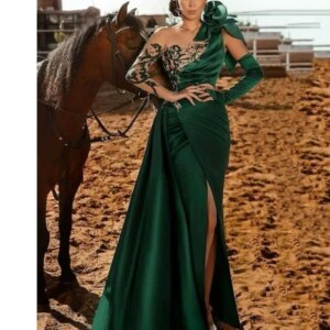 Fashion Green Women Prom Dresses Strapless Full Sleeves Floor Length Split Mermaid Appliques Illusion Sexy Evening Banquet Gowns