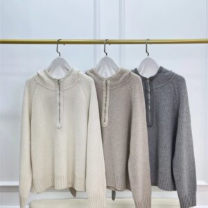 High-End Women’s Hooded Pullover Lambskin Leather Patchwork Cashmere Knitted Sweater