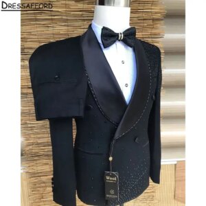 Black Formal Wedding Suits Handmade Crystal Men’s Business Suit 2 Pieces (Jacket+Pants) Man Tuxedo Groom Wear