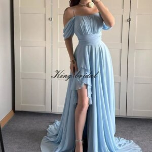Elegant Off The Shoulder Chiffon Prom Bridesmaid Dresses with Slit Long A Line Pleated Ruffles Formal Evening Gown for Women