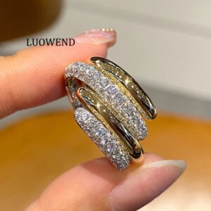 LUOWEND 100% 18K White+Yellow Gold Rings Women Real Natural Diamond Engagement Ring Luxury Elegant Style High Party Jewelry
