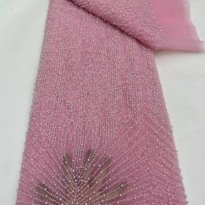 African Lace Fabric 2025 High Quality Pink Wedding Bridal Lace African 5 Yard Luxury Beaded Lace Fabric for Evening Dress Q359-1