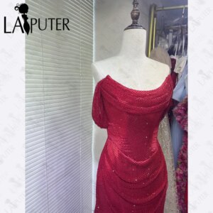 Grid Burgundy Mermaid Evening Dresses Side Sleeves Hot Drill Party Dress Ruched Neck Hips Woman Celebrity Formal Gown