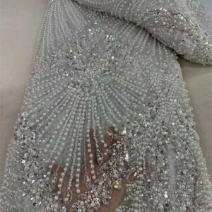 African Heavy Beads Lace Fabric 2025 High Quality Nigerian Sequins Groom Lace French Tulle Fabric For Wedding Party Dress Sewing