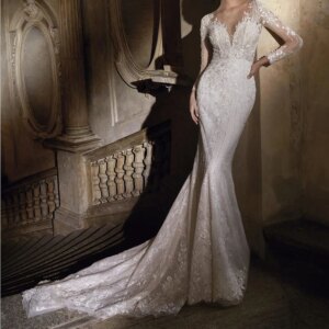 Customized Tulle Mermaid Buttons and Sequined Evening Dress Crew neck Floor Length Long Sleeves Panel Train Photo Color Sexy