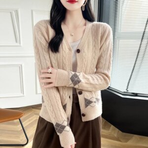 % Wool Cardigan Women’s Twisted Color Matching Long Sleeve Sweater Loose Cardigan Knitted Coat