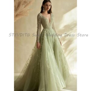 Exquisite Evening Dresses Women V Neck Floor Length Long Sleeves High Quality Alliques Banquet Party Prom Female Gowns Pastrol