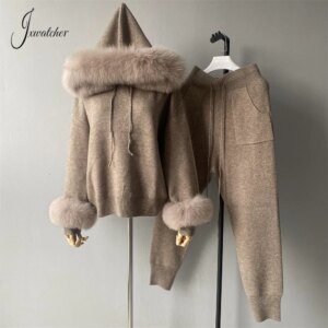Jxwatcher Women’s Sweater Set Real Fox Fur Collar and Cuffs Wool Blend Hooded Knitted Tops Ladies Autumn Fashion Pullover Female
