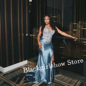 Sapphire Sheath Mermaid Prom Dress Sexy Split Fishbone Applique Corset Black Girls Birthday Party Customized Formal Occasion