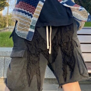 Retro Washed Distressed Wasteland Style Patch Men’s and Women’s Loose Leisure Workwear Shorts