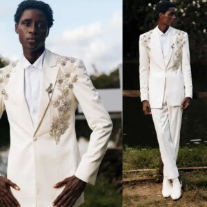 Elegant Wedding Tuxedos Appliques Beaded Peaked Lapel Men Suit 2 Piece Set Jacket Pants Groom Wear Business Blazers Customized
