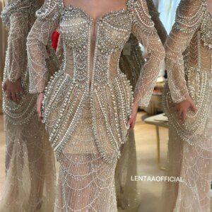 2025 New Elegant Celebrity Dresses Middle East Long Sleeves Beading Prom Dress Arabic Crystals Dubai Mermaid Evening Party Dress
