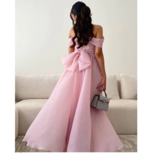 Exquisite Elegant Pink Formal Evening Dress Floor Length Sleeveless Off Shoulder Shiny Bow Stain Pretty Sweet Robes De Soirée
