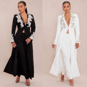 Luxury Beaded V Neck Long Women Blazer Suits 2 Pieces Plus Size One Button Coat Customized Wedding Mother Of The Bride Outfit