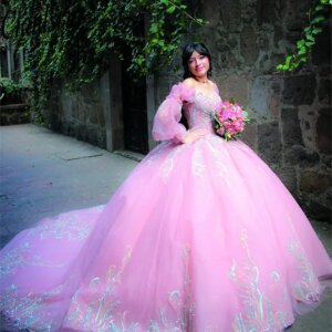 Pink Off The Shoulder Long Sleeve Quinceanera Dresses Ball Gown Sequined Appliques Lace Sweet 15 Años Mexican Customized