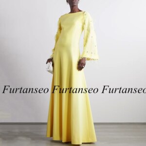 Yellow Prom Dress Customized Batwing Sleeve Feathers Crystal Floor Length A Line Saudi Arab Evening Dresses 2024 Party Gown