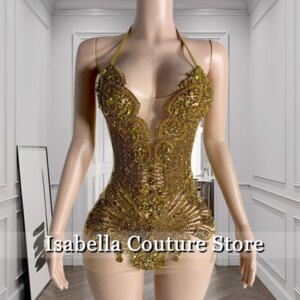 Sexy Gold Prom Dresses 2025 Halter Rhinestones Dress Crystal Beads For Black Girls Gala Dresses Homecoming Dresses Customized