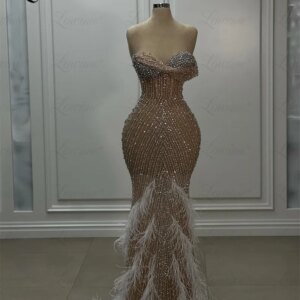 Lowime Robe De Soirée Feathers Mermaid Evening Dresses Full Beaded Crystals Long Engagement Party Dress Sweetheart Prom Gowns
