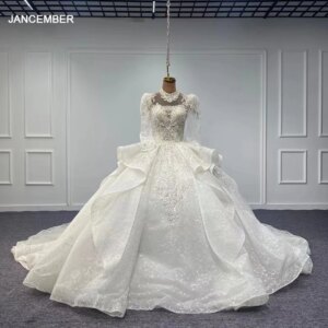 Jancember Factory Wholesale Perfect Wedding Suits For Women Floor-Length High Neck Beading Chapel Train Suknia ślubna MN06