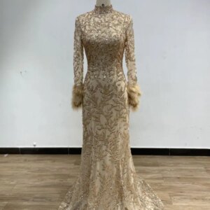 MYMB Gold Luxury Mermaid Beaded Feathers Formal Occasion Dresses for Women Party Muslim High Neck Long Sleeves Evening Gown