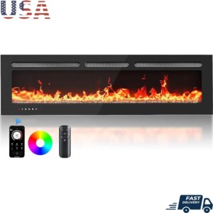 Silonn 60″Smart Electric Fireplace Heater with App & Remote Control 5300 BTU Heat Output Ultra-Slim Wall-Mounted or Recessed