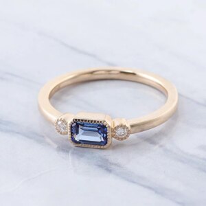 Provence trilogy rings 10K Solid Gold Emerald cut blue Lab Gemstone Minimalist band DEF/VS Lab Diamonds Personalized Custom