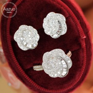 Aazuo 18K White Gold Real Diamonds Luxury Flower Jewerly Set Rings Earring Gifted For Women Engagement Halo anillos mujer Party