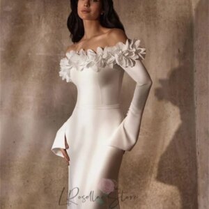 LRosella Handmade Flowers Custome Long Sleeves Off The Shoulder Button Sweep Train Soft Bridal Gown Floor Length Dresses